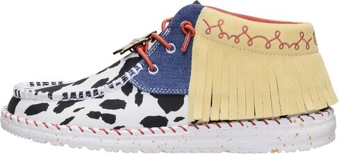 HEYDUDE Women's Wendy Mid Jessie Boot, White/Faded Denim | Toy Story Collab | Cow Print Denim Upper with Suede Fringe Collar in Kuwait