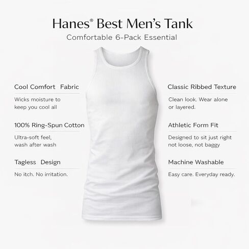 قمصان داخلية طويلة للرجال من Hanes مصنوعة من القطن بنسبة 100% بدون علامات، عبوات متعددة - أبيض - 6 قطع كبيرة in Kuwait