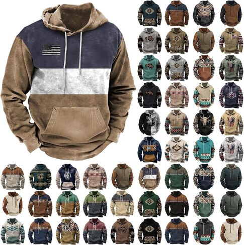 Mens Hoodie Casual Aztec Ethnic Drawstring Hooded Sweatshirts Long Sleeve Graphic Shirt Lightweight Pullover 2024 in Saudi Arabia
