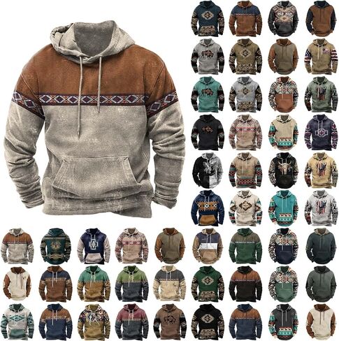 Mens Hoodie Casual Aztec Ethnic Drawstring Hooded Sweatshirts Long Sleeve Graphic Shirt Lightweight Pullover 2024 in Saudi Arabia