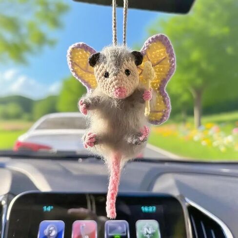 Fairy Possum Car Charm, 2025 Upgraded Opossum Gifts Rearview Mirror Accessory Swinging Car Ornament, Handmade Knitted Screaming Possum ​Rear View Mirror Pendant Ornament in Saudi Arabia