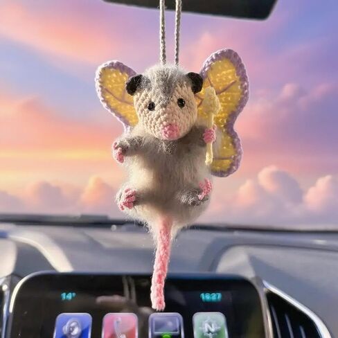 Fairy Possum Car Charm, 2025 Upgraded Opossum Gifts Rearview Mirror Accessory Swinging Car Ornament, Handmade Knitted Screaming Possum ​Rear View Mirror Pendant Ornament in Saudi Arabia