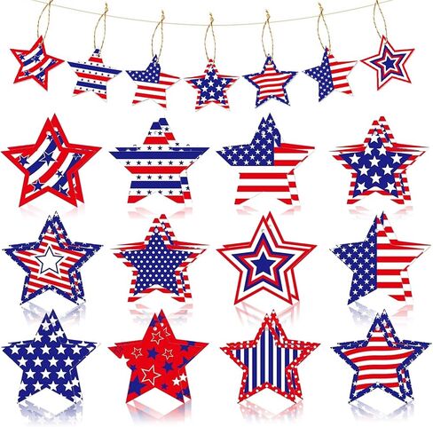 24pcs 4th of July Hanging Ornaments Independence Day Tree Decorations for White Red Blue Star Ornament Patriotic Tree Decorations with Ropes Flag Hanging Decoration for Holiday Party Supplies in Saudi Arabia