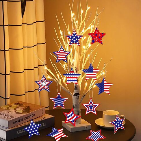 24pcs 4th of July Hanging Ornaments Independence Day Tree Decorations for White Red Blue Star Ornament Patriotic Tree Decorations with Ropes Flag Hanging Decoration for Holiday Party Supplies in Saudi Arabia