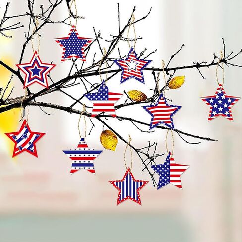 24pcs 4th of July Hanging Ornaments Independence Day Tree Decorations for White Red Blue Star Ornament Patriotic Tree Decorations with Ropes Flag Hanging Decoration for Holiday Party Supplies in Saudi Arabia