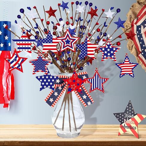 24pcs 4th of July Hanging Ornaments Independence Day Tree Decorations for White Red Blue Star Ornament Patriotic Tree Decorations with Ropes Flag Hanging Decoration for Holiday Party Supplies in Saudi Arabia