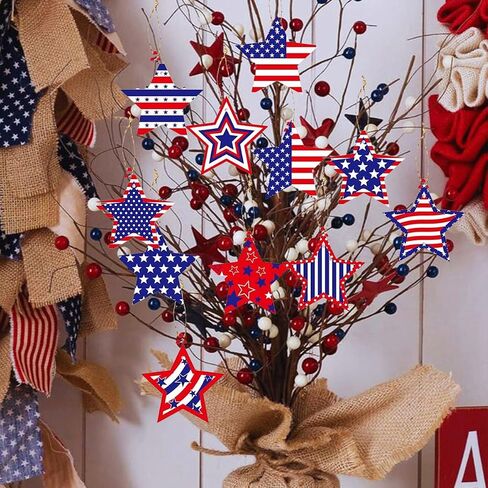 24pcs 4th of July Hanging Ornaments Independence Day Tree Decorations for White Red Blue Star Ornament Patriotic Tree Decorations with Ropes Flag Hanging Decoration for Holiday Party Supplies in Saudi Arabia