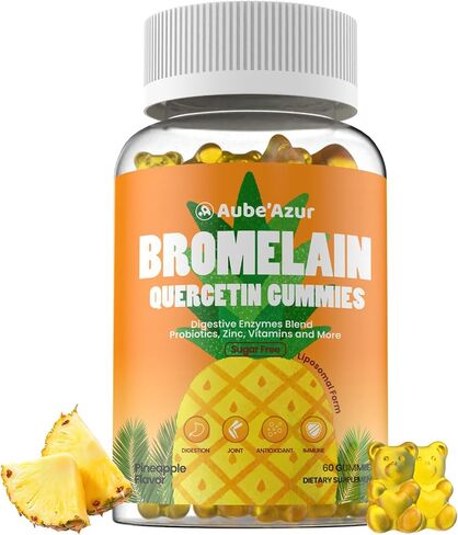 Liposomal Bromelain with Quercetin Gummies, 1000mg Bromelain Supplement for Women & Men, with Probiotics, Digestive Enzymes for Gut, Digestive & Immune Support, Sugar Free, Pineapple Flavor, 60 Count in Saudi Arabia