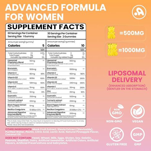 Liposomal Bromelain with Quercetin Gummies, 1000mg Bromelain Supplement for Women & Men, with Probiotics, Digestive Enzymes for Gut, Digestive & Immune Support, Sugar Free, Pineapple Flavor, 60 Count in Saudi Arabia