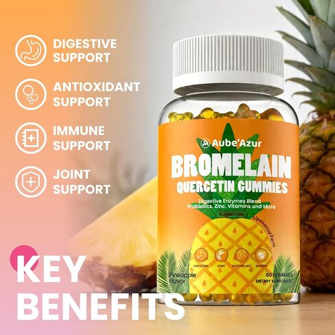 Liposomal Bromelain with Quercetin Gummies, 1000mg Bromelain Supplement for Women & Men, with Probiotics, Digestive Enzymes for Gut, Digestive & Immune Support, Sugar Free, Pineapple Flavor, 60 Count in Saudi Arabia