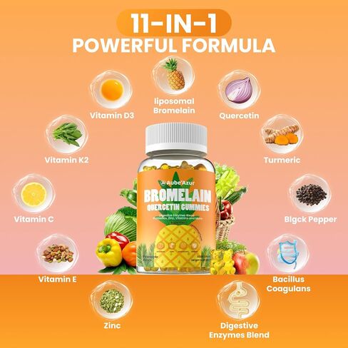 Liposomal Bromelain with Quercetin Gummies, 1000mg Bromelain Supplement for Women & Men, with Probiotics, Digestive Enzymes for Gut, Digestive & Immune Support, Sugar Free, Pineapple Flavor, 60 Count in Saudi Arabia