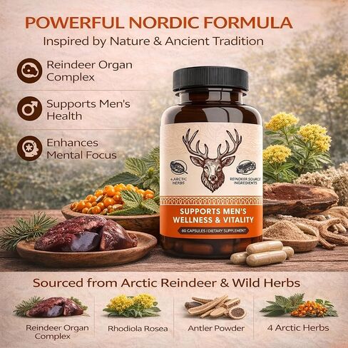 مكمل الصحة العامة للرجال من KUHSE Primal Viking - تركيبة مستخلص الأعشاب القطبية الشمالية والكاريبو - يدعم مستويات الطاقة والرفاهية بشكل عام - (60 كبسولة) in Kuwait