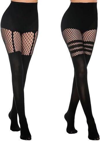 Faux Thigh High Fishnet Stockings, Black Opaque Tights Women Fishnet Tights 2Pcs（Black One Size） in Kuwait