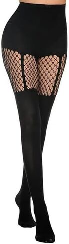 Faux Thigh High Fishnet Stockings, Black Opaque Tights Women Fishnet Tights 2Pcs（Black One Size） in Kuwait