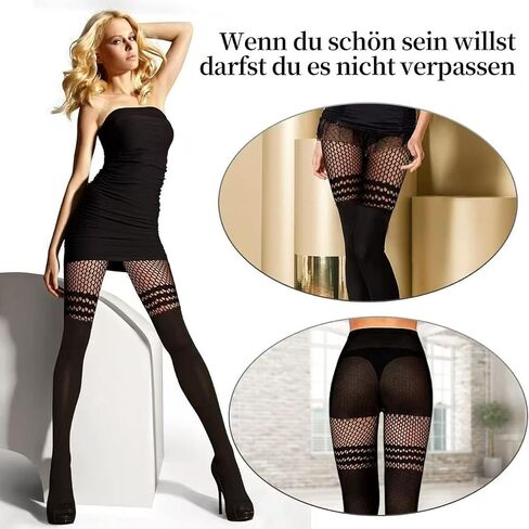Faux Thigh High Fishnet Stockings, Black Opaque Tights Women Fishnet Tights 2Pcs（Black One Size） in Kuwait