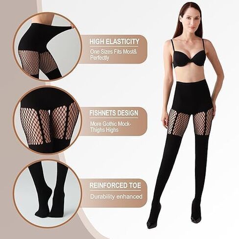 Faux Thigh High Fishnet Stockings, Black Opaque Tights Women Fishnet Tights 2Pcs（Black One Size） in Kuwait