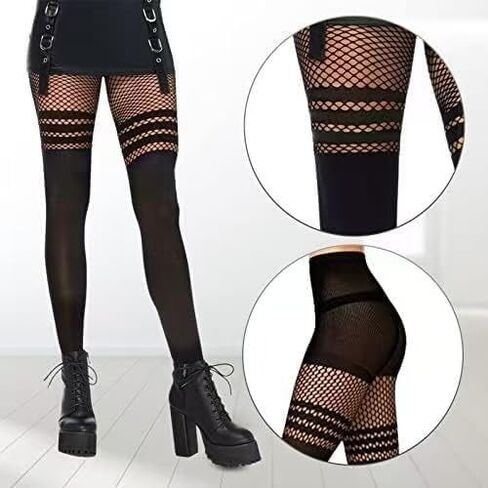 Faux Thigh High Fishnet Stockings, Black Opaque Tights Women Fishnet Tights 2Pcs（Black One Size） in Kuwait