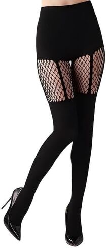 Faux Thigh High Fishnet Stockings, Black Opaque Tights Women Fishnet Tights 2Pcs（Black One Size） in Kuwait