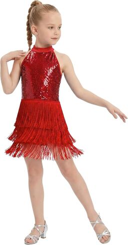 Wenlia Girls Latin Dress Sequin Fringe Dance Dress with Shorts, High Neck Zipper Ballroom Dancewear Salsa Costume 4-14Y in Saudi Arabia
