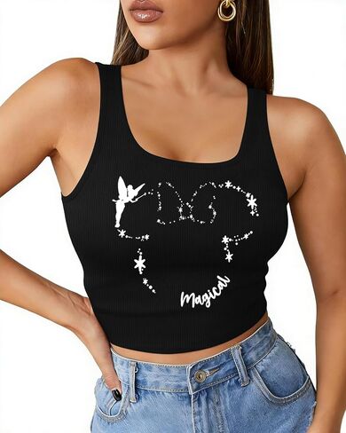Magic Kingdom Tank Tops for Women Magic Princess Crop Top Ribbed U Neck Sleeveless T Shirts Family Vacation Casual Tee Tops in Kuwait
