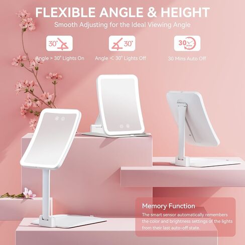 Travel Makeup Mirror with Light, Rechargeable Lighted Travel Mirror, Portable Folding Travel Mirror with 3 Dimmable Color Lights, Ultraslim & Lightweight, Freely Adjust Height and Angle, Pink in Saudi Arabia