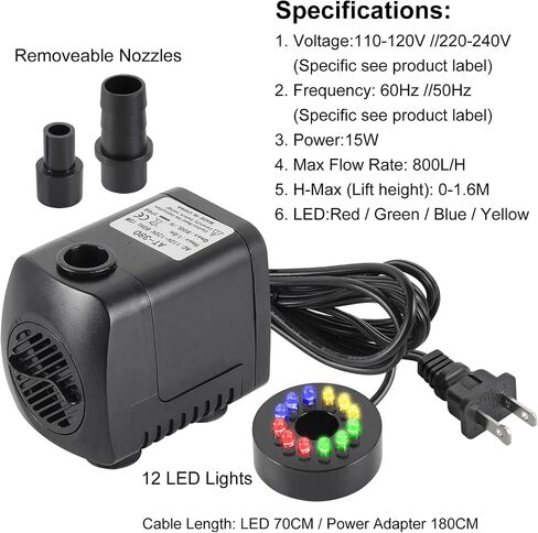 2pcs Fountain Submersible Water Pump 15W 800L/H Submersible Fountain Pump with LED Lights Water Pump 260GPH for Aquarium Pond Statuary Gardens Water Feature Outdoor Fountain in Kuwait