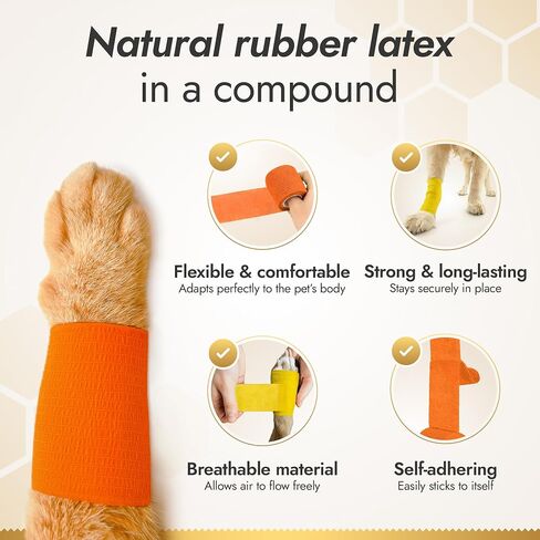 Dog Wound Care Wraps Stick to Itself, Protect from Licking and Dirt – Self-Adhering Elastic Cat & Dog Bandages for Wounds in a Set of 3 x 5 cm & 3 x 10 cm Rolls – Made from Natural Rubber Latex in Saudi Arabia