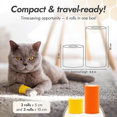 Dog Wound Care Wraps Stick to Itself, Protect from Licking and Dirt – Self-Adhering Elastic Cat & Dog Bandages for Wounds in a Set of 3 x 5 cm & 3 x 10 cm Rolls – Made from Natural Rubber Latex in Saudi Arabia