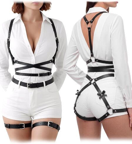 2 Pcs Leather Harness Women Set, Leather Thigh Chest Waist Body Harness Black Punk Belt for Goth Fashion Cosplay Halloween, Adjustable in Saudi Arabia