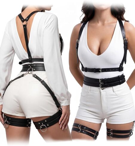 2 PCS Leather Harness for Women Set, Adjustable Black Punk Body Harness Belts Goth for Halloween Cosplay Party in Saudi Arabia