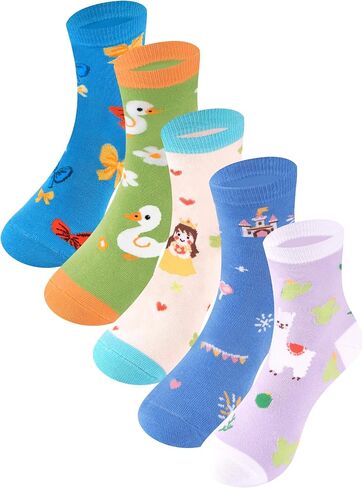 Girls Kids Socks Crew Socks Cute Novelty Cotton Seamless Toes 5 Pack for 4-6,6-8,8-10,10-12,12-14 Years Old in Saudi Arabia