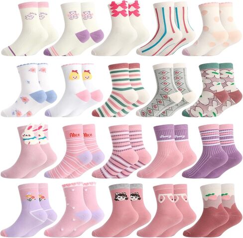 20 Pairs Girls Socks Bulk Cartoon Pattern Ruffle Crew Socks Kids Strawberry Flower Princess Dress Sock for Girls in Kuwait