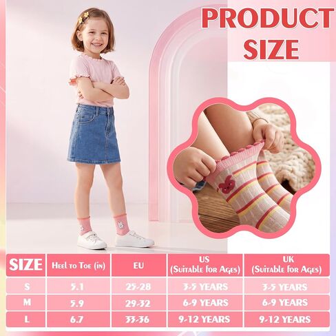 20 Pairs Girls Socks Bulk Cartoon Pattern Ruffle Crew Socks Kids Strawberry Flower Princess Dress Sock for Girls in Kuwait