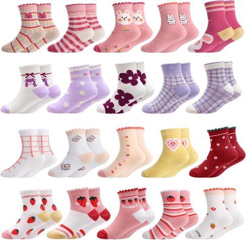 20 Pairs Girls Socks Bulk Cartoon Pattern Ruffle Crew Socks Kids Strawberry Flower Princess Dress Sock for Girls in Kuwait