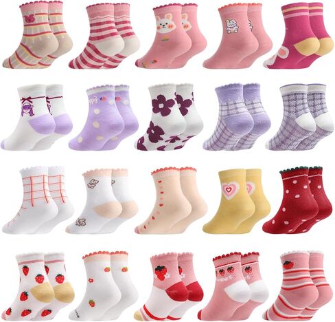 20 Pairs Girls Socks Bulk Cartoon Pattern Ruffle Crew Socks Kids Strawberry Flower Princess Dress Sock for Girls in Kuwait