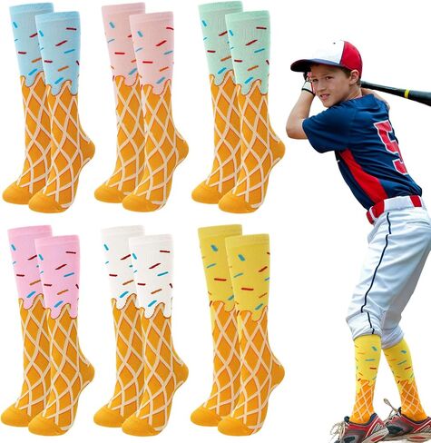6 Pairs Baseball Tube Socks for Kids Retro Cotton Colorful Knee High Socks Funny Sports Sock for 6-10 Kids in Kuwait