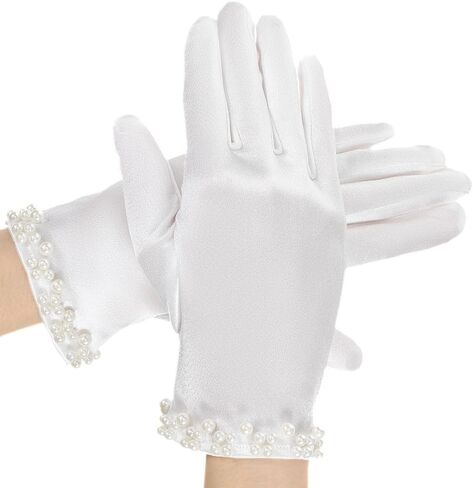 White Satin Gloves Women, Wrist Length Pearl Gloves for Women, Vintage Elegant Short Satin Glove for Girls Tea Party Opera Dinner Wedding for 1920s Fashion in Kuwait