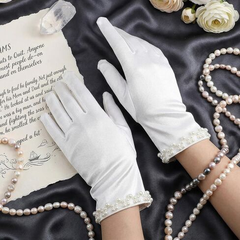 White Satin Gloves Women, Wrist Length Pearl Gloves for Women, Vintage Elegant Short Satin Glove for Girls Tea Party Opera Dinner Wedding for 1920s Fashion in Kuwait