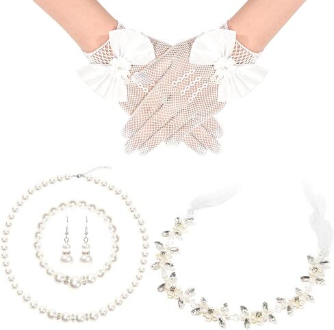 5 Pcs Flower Girl Headpiece with Pearl Necklace Set for Little Girls Lace Princess Gloves for Girls First Communion Tea Party Wedding in Saudi Arabia