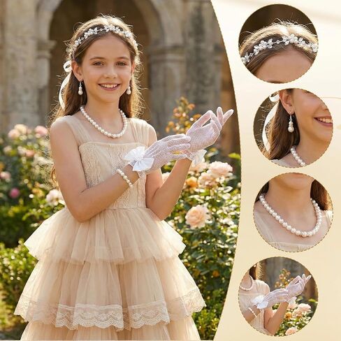 5 Pcs Flower Girl Headpiece with Pearl Necklace Set for Little Girls Lace Princess Gloves for Girls First Communion Tea Party Wedding in Saudi Arabia