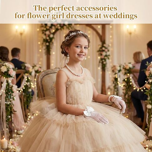 5 Pcs Flower Girl Headpiece with Pearl Necklace Set for Little Girls Lace Princess Gloves for Girls First Communion Tea Party Wedding in Saudi Arabia