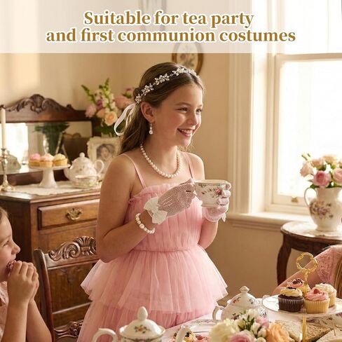 5 Pcs Flower Girl Headpiece with Pearl Necklace Set for Little Girls Lace Princess Gloves for Girls First Communion Tea Party Wedding in Saudi Arabia