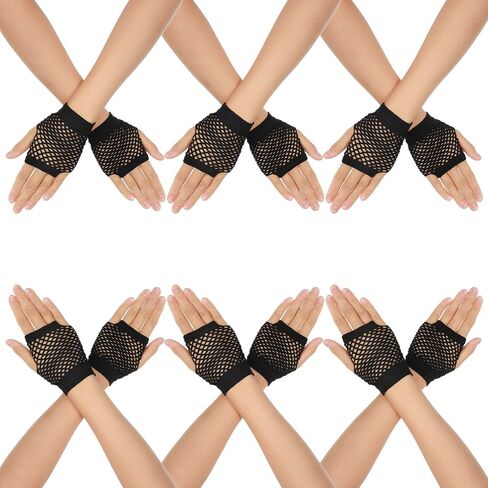6 Pairs Short Kids Fishnet Gloves Fingerless for Women Girls - Black Fingerless Gloves for 80s 90s Halloween Party (Black) in Saudi Arabia