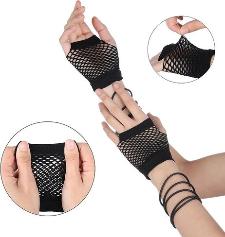 6 Pairs Short Kids Fishnet Gloves Fingerless for Women Girls - Black Fingerless Gloves for 80s 90s Halloween Party (Black) in Saudi Arabia