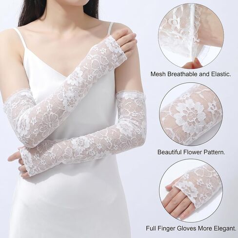 White Lace Gloves Long Fingerless Lace Gloves for Women Elbow Length Floral White Fingerless Glove for Wedding Dance Tea Party Opera Costume Accessories in Kuwait