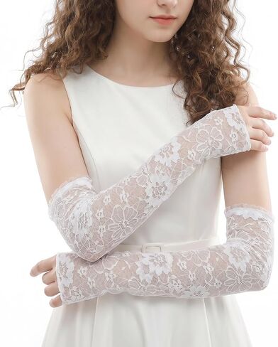 White Lace Gloves Long Fingerless Lace Gloves for Women Elbow Length Floral White Fingerless Glove for Wedding Dance Tea Party Opera Costume Accessories in Kuwait