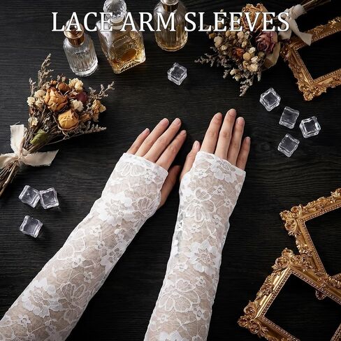 White Lace Gloves Long Fingerless Lace Gloves for Women Elbow Length Floral White Fingerless Glove for Wedding Dance Tea Party Opera Costume Accessories in Kuwait