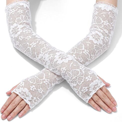 White Lace Gloves Long Fingerless Lace Gloves for Women Elbow Length Floral White Fingerless Glove for Wedding Dance Tea Party Opera Costume Accessories in Kuwait