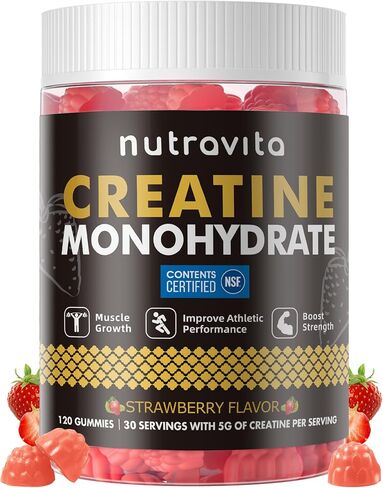 Nutravita NSF Certified Creatine Gummy - Creatine Monohydrate Gummies for Men & Women-5g of Creatine Monohydrate per Serving - Sugar Free,Vegan, Strawberry Flavor, 120 Count in Kuwait