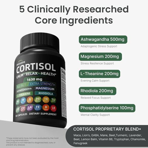 Cortisol Supplements for Women and Men, High Cortisol Reducer with 500mg Ashwagandha, Magnesium, Rhodiola, & L-Theanine-Supports Cortisol Calm, Sleep & Stress Relief–90 Ct in Saudi Arabia
